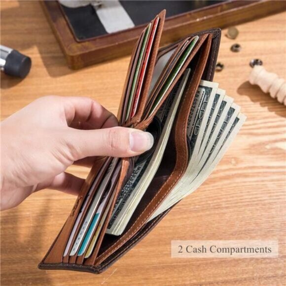 Men Slim Bifold Genuine Leather Front Pocket Wallet with 2 ID Windows (Brown) - Picture 5 of 7